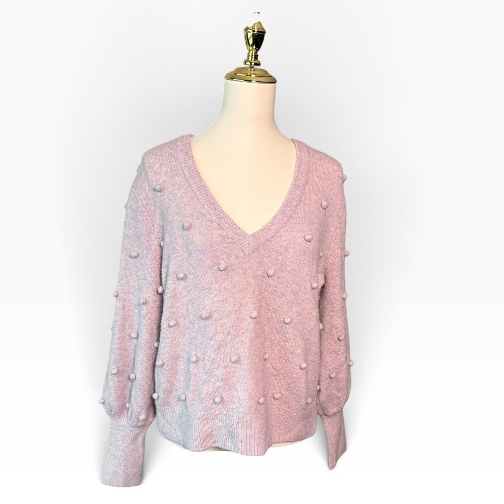 Madewell Womens Large Lilac Purple Bobble Pom Pom V-Neck Sweater Balloon Sleeve